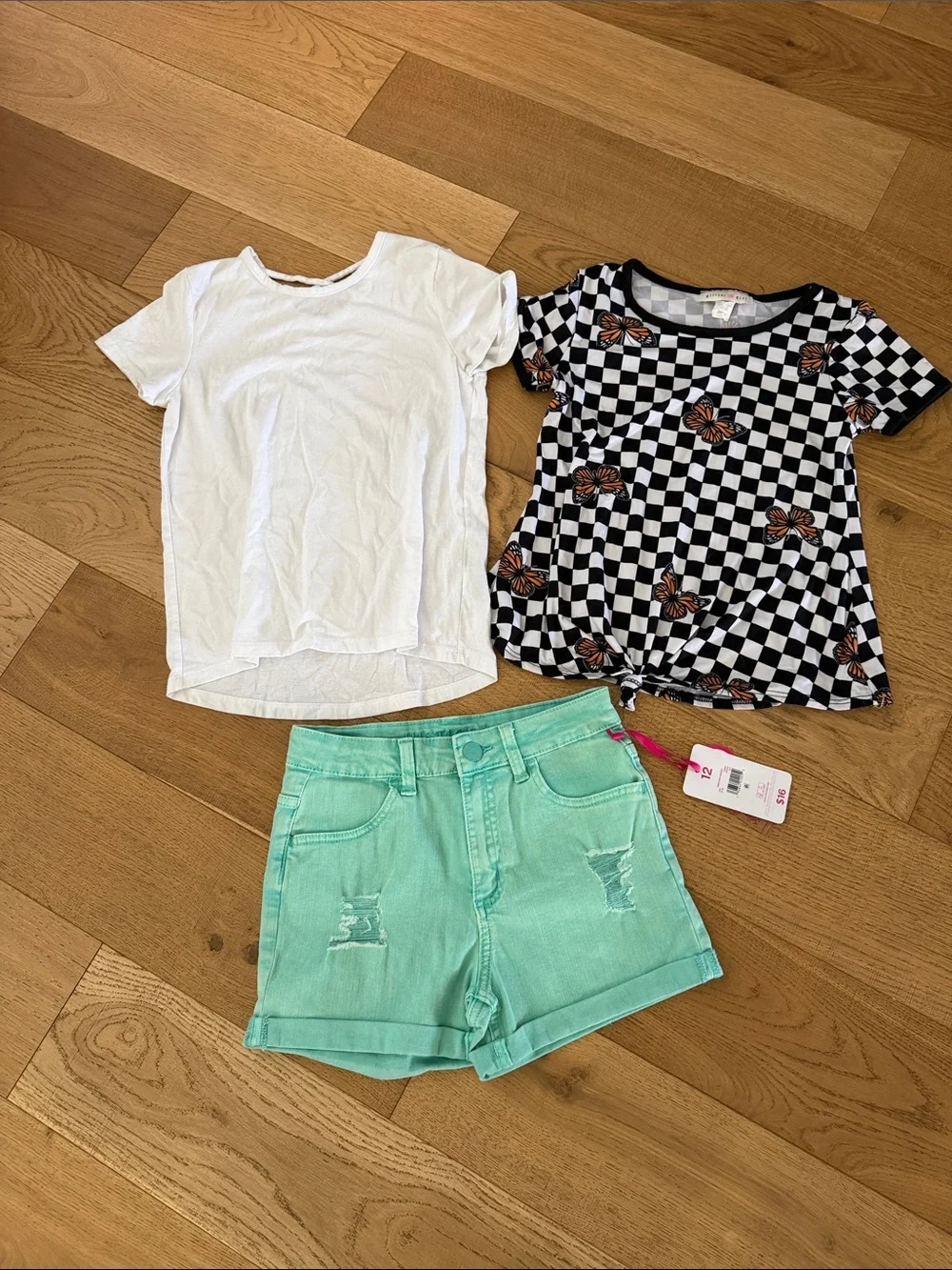 Girls White Tee, Black Check & Butterfly Tee, and Mint Green Shorts Set